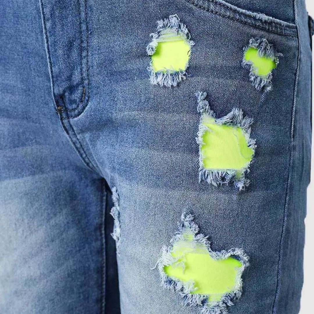 PANTALONI SCURȚI DE DAMĂ DIN DENIM CARE SE POT PURTA ÎN DOUĂ MODURI PATCHFUSION