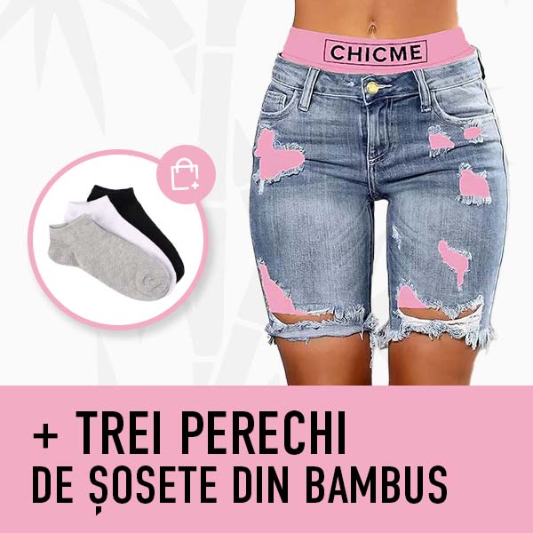 PANTALONI SCURȚI DE DAMĂ DIN DENIM CARE SE POT PURTA ÎN DOUĂ MODURI PATCHFUSION