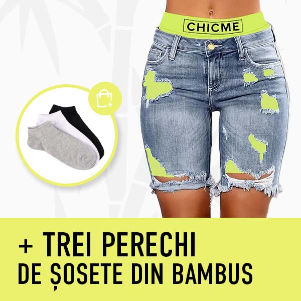 PANTALONI SCURȚI DE DAMĂ DIN DENIM CARE SE POT PURTA ÎN DOUĂ MODURI PATCHFUSION