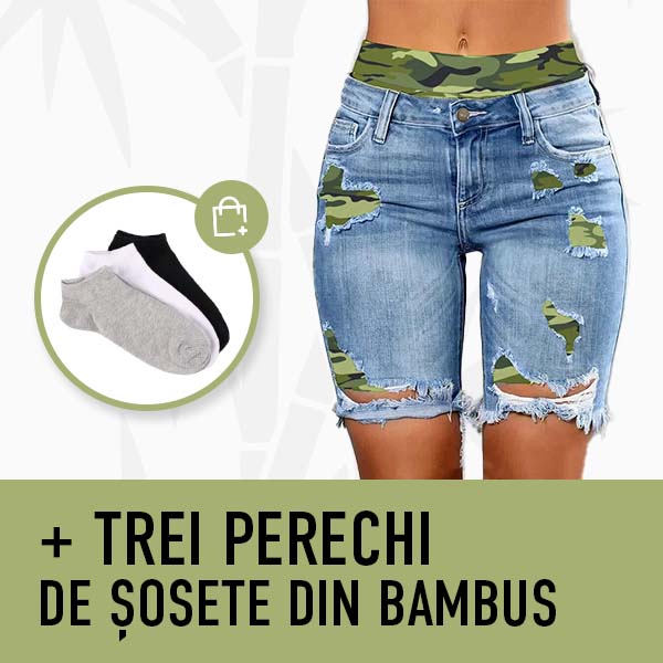 PANTALONI SCURȚI DE DAMĂ DIN DENIM CARE SE POT PURTA ÎN DOUĂ MODURI PATCHFUSION